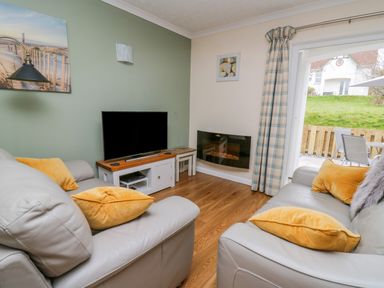 A living room with two grey sofas with yellow cushions a television on a wooden stand a wall-mounted electric fireplace and a glass door leading outside at Oak Tree Cottage Aberporth