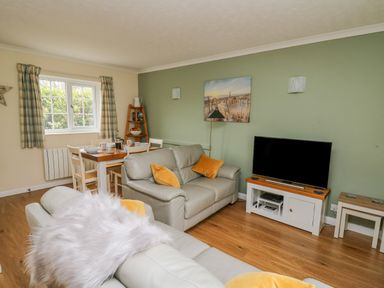 A living room with two sofas a dining table a television and a green accent wall at Oak Tree Cottage in Aberporth