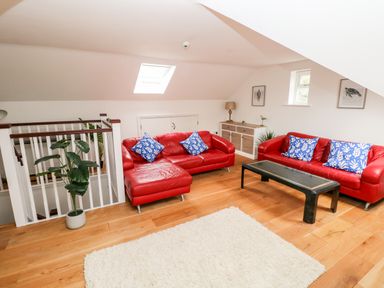A sitting area with two red leather sofas blue patterned cushions a black coffee table white rug wooden floor and a potted plant at Puffins in Tenby