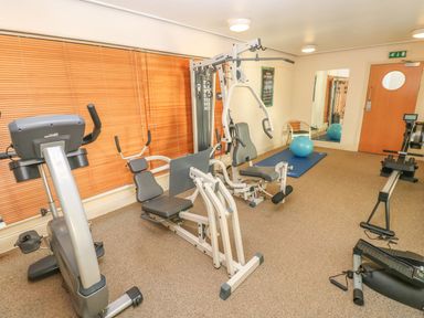 A small gym room with exercise machines a blue exercise ball and a blue mat a mirror and wooden door at Puffins Tenby