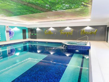 An indoor swimming pool with a small jacuzzi and a ceiling mural of green trees at Nest Cottage in St Tudy