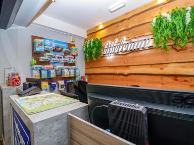 A reception desk with a brochure rack and plants at Nest Cottage in St Tudy