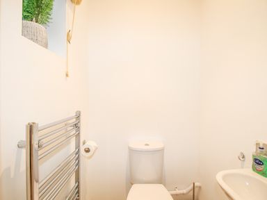 A small bathroom with a toilet a metal towel rack a sink with hand soap and a wall cutout with a plant at Pams House in Weymouth
