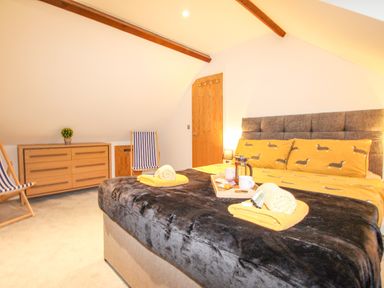 A bedroom with a bed with yellow dog print bedding black blanket yellow towels wooden dresser striped chairs and wooden door at Pams House in Weymouth