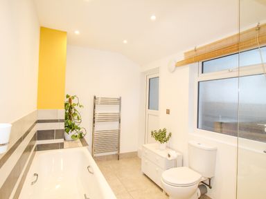 A bathroom with a bathtub toilet towel rack and cabinet with plants at Pams House in Weymouth