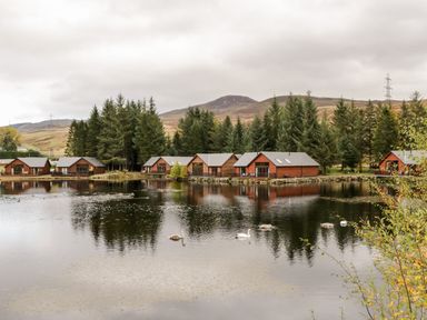A lake with swans and wooden lodges surrounded by trees and hills at Ptarmigan Lodge in Glengoulandie near Aberfeldy