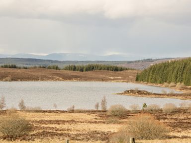 A lake surrounded by trees and brown grassy land with hills and cloudy sky at Ptarmigan Lodge in Glengoulandie near Aberfeldy