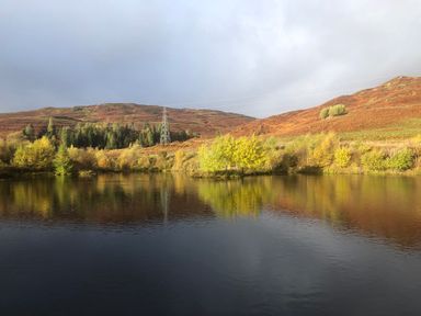 A lake with trees and hills in the background at Ptarmigan Lodge in Glengoulandie near Aberfeldy