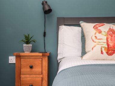 A bedside table with a potted plant and a bed with pillows including one with a crab design at Tolcarne in Porthtowan