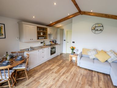 A kitchen and living area with white cabinets wooden dining table and chairs and a light blue sofa at Celyn in Cyffylliog