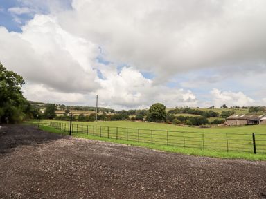 A rural landscape with a gravel road a metal fence green fields trees and farm buildings at Celyn in Cyffylliog