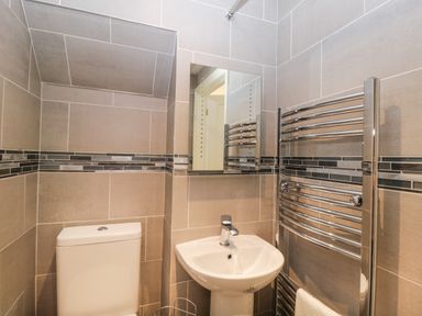 A small bathroom with a toilet sink mirror and heated towel rail at Caradoc Tutshill near Chepstow