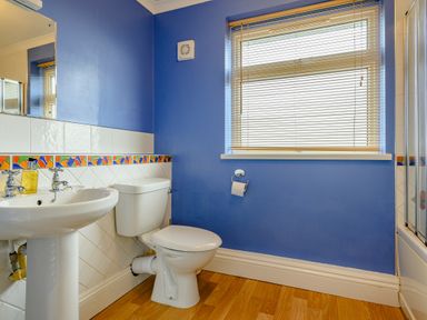 A bathroom with a toilet sink a window with blinds and blue walls at Caradoc in Tutshill near Chepstow
