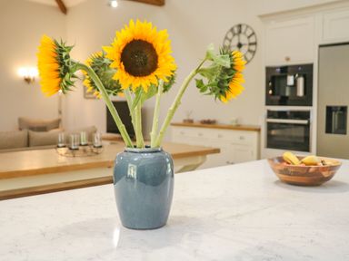 A vase with sunflowers on a kitchen counter with a fruit bowl and cabinets in the background at Hollowgill Barn in Sedbergh