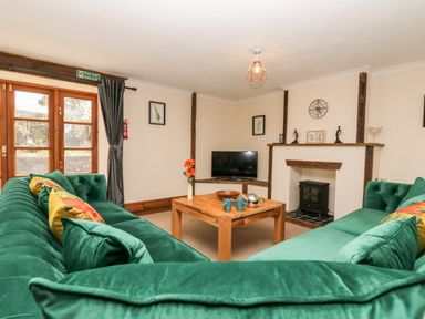 A living room with green sofas a wooden coffee table a television and a fireplace at Wheal Prosper@The West Dry in St Austell