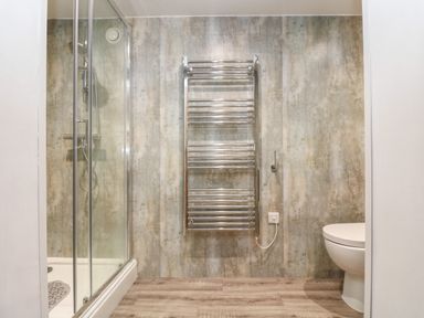 A bathroom with a glass shower enclosure a wall-mounted towel heater and a toilet at Wheal Prosper@The West Dry in St Austell