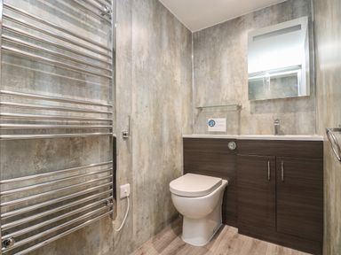 A bathroom with a toilet sink cabinet mirror towel radiator and glass shelf at Wheal Prosper@The West Dry in St Austell