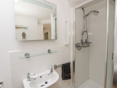 A bathroom with a shower and wash basin at Awen Ingli, Newport, Pembrokeshire