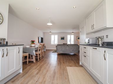 An open plan kitchen and dining area with white cabinets wooden floor a dining table with chairs and a living room with a sofa and television at Ty Owen Newport Pembrokeshire