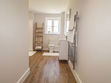 A bathroom with wooden floor a toilet a wooden ladder shelf under window and a towel rack at Ty Owen in Newport Pembrokeshire