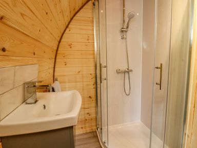 A bathroom with a sink and a glass-enclosed shower at Meadow Lodge @ Berrys Place Farm in Churcham