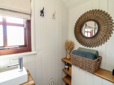 A bathroom with a sink and mirror at Sweet Caroline Shepherd’s Hut in Low Marnham near Sutton-On-Trent