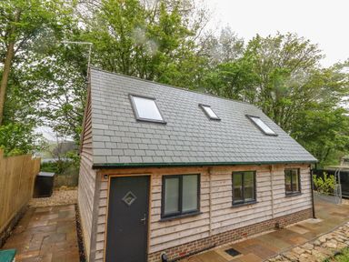 A small wooden building with a slate roof and four windows surrounded by trees at Roman Lodge in Osmington