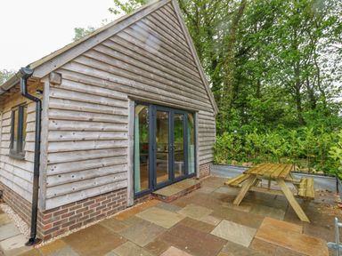 A patio with a wooden picnic table outside a timber-clad building with glass doors and a brick base surrounded by trees at Roman Lodge in Osmington