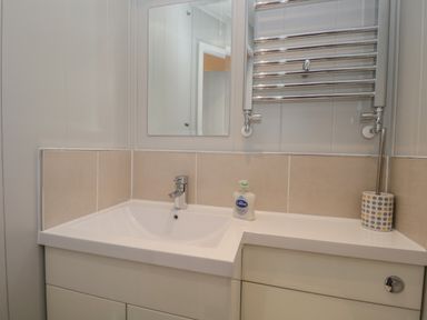 A bathroom sink with a faucet soap dispenser and toilet brush with a mirror and towel radiator above at Yealand 36 in Tewitfield