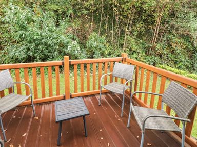 An outdoor wooden deck with three woven chairs and a small black table surrounded by green bushes at 16 Heritage Park Heritage Park near Kilgetty