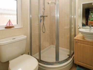 A bathroom with a toilet shower enclosure with glass doors and a sink on a wooden cabinet at 16 Heritage Park in Heritage Park near Kilgetty