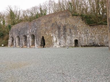 A stone wall with multiple arched openings and a gravel ground surrounded by trees at 16 Heritage Park in Heritage Park near Kilgetty