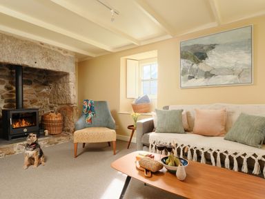 A living room with a stone fireplace a chair a sofa cushions a wooden coffee table with fruit and bread and a small dog on the floor at Faraway Cottage in St Levan near Porthgwarra