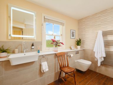 A bathroom with a wall-mounted sink wooden chair toilet and plants at Faraway Cottage in St Levan near Porthgwarra