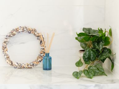 A shelf with a shell wreath a blue glass bottle with reed sticks and a potted plant at Higher Roskestal in St Levan near Porthgwarra