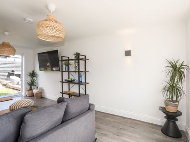 A living room with a grey sofa a wall-mounted television a shelving unit with plants and decorative items and a potted plant on a black side table at Dolwyn in Llandegfan