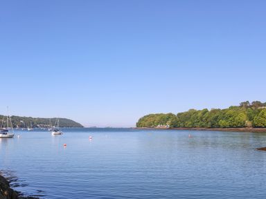 A body of water with sailboats and buoys surrounded by forested land at Dolwyn in Llandegfan