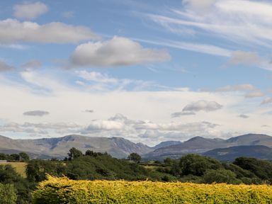 A landscape with mountains in the background and trees and bushes in the foreground at Dolwyn in Llandegfan