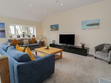 A living room with two sofas yellow cushions a wooden coffee table a TV on a black stand and wall art at Tan Twr in Llanfairpwll