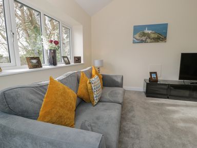 A living room with a grey sofa and yellow cushions a television on a stand and a window with flowers on the sill at Tan Twr in Llanfairpwll