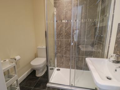A bathroom with a toilet, a shower enclosure with tiled walls, a sink, and a toilet paper holder at Tan Twr in Llanfairpwll