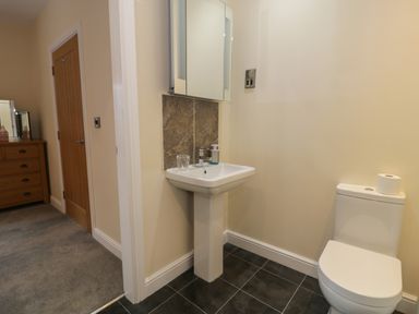 A small bathroom with a pedestal sink a toilet and a wooden door next to a chest of drawers at Tan Twr in Llanfairpwll