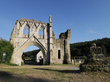 A stone archway and ruins with a small building and trees in the background at Chalet 5 in Sherburn
