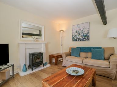 A living room with a beige sofa and blue cushions a wooden coffee table a black stove and a television at The Old Mill in Keswick
