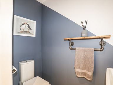 A bathroom with a toilet a towel hanging on a pipe rack and a puffin painting on the wall at 3 Ty Stabal in Pwllheli