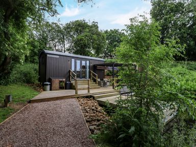 A wooden hut with steps and outdoor seating surrounded by trees and plants at The Shepherds Hut at Bridge Lake Farm & Fishery in Chacombe