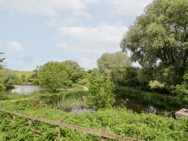 A scenic view of a pond surrounded by trees and grass at The Shepherds Hut at Bridge Lake Farm & Fishery Chacombe