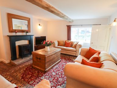 A living room with sofas a wooden chest coffee table a fireplace and a television at Ley Mill Farm in Huntley