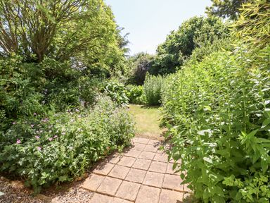 A garden path with paving stones surrounded by green plants and trees at Buzzards Rest in Stannington near Morpeth