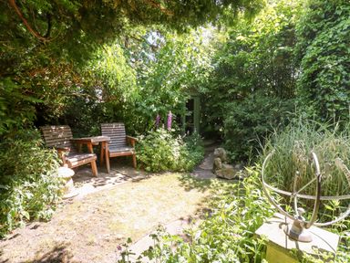 A garden with wooden chairs and a table surrounded by plants and greenery at Buzzards Rest in Stannington near Morpeth